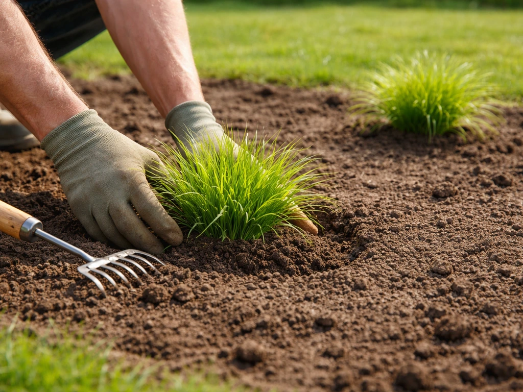 Anonieme handen planten losse graspolletjes in de tuin, met ruimte van minimaal 50 cm en grond aangewerkt.