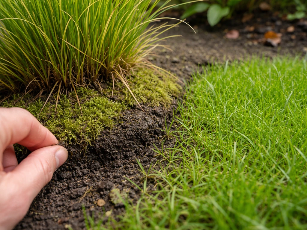 Close-up van graspol met mos en verdichting, naast een gezonde luchtige pol in een vochtige tuin