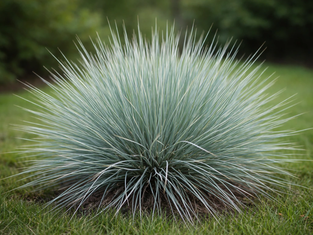 Close-up van een siergraspol met blauwig-zilvergrijze, naaldvormige bladeren die aan Festuca doen denken.
