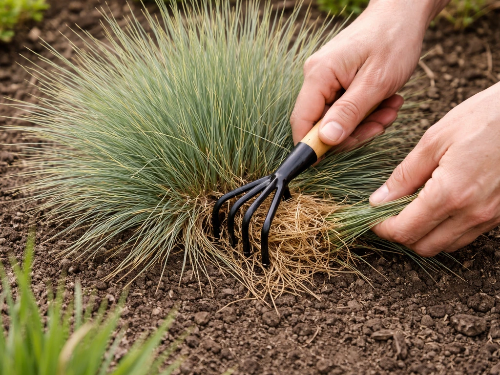 Handen gebruiken een tuinhark om een vervilte Festuca-pollen uit te kammen en terug te knippen in de tuin.