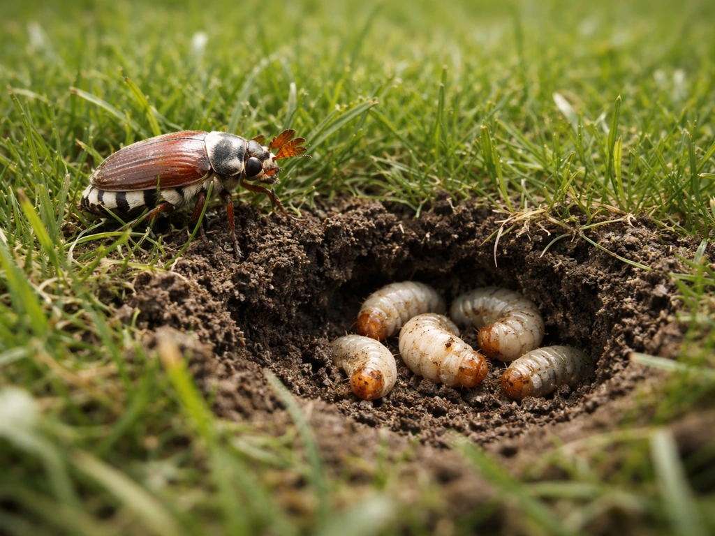 Meikever op kort gras met een kleine open plek waar larven net onder de grasmat zichtbaar zijn.