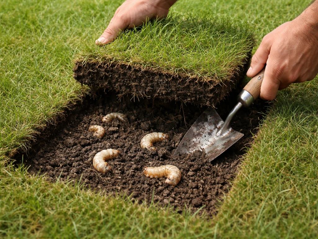 Close-up van een losgestoken stuk graszode met blootliggende aarde en duidelijk zichtbare engerlingen.