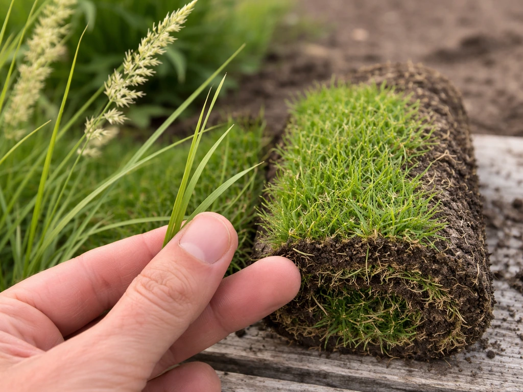 Hand die siergras en graszoden/grasstructuur onderscheidt, close-up in een tuinsetting.