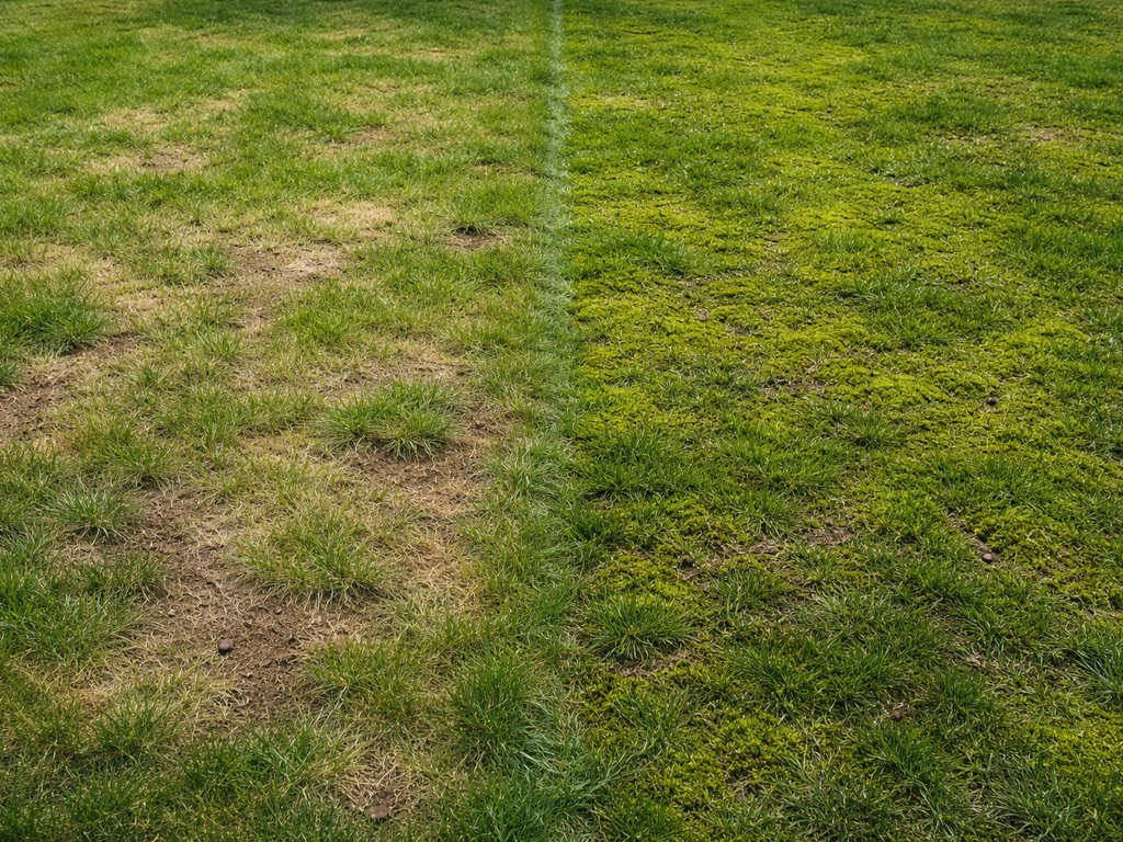 Links een gazon met kale plekken en rechts mosplekken, beide in één rustige tuinsetting.