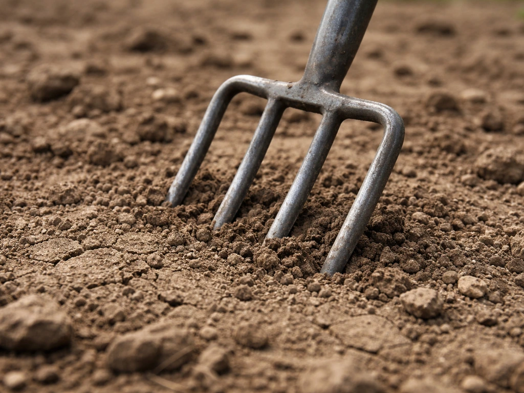 Close-up van een bodemprikker in harde, verdichte grond met nauwelijks doordringing