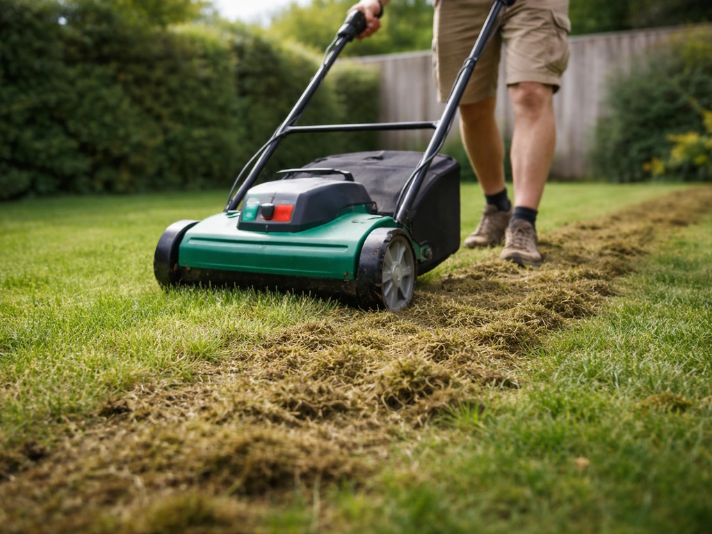 Persoon verticuteert het gazon; losgekomen mos en vilt liggen zichtbaar op het gras na de behandeling.