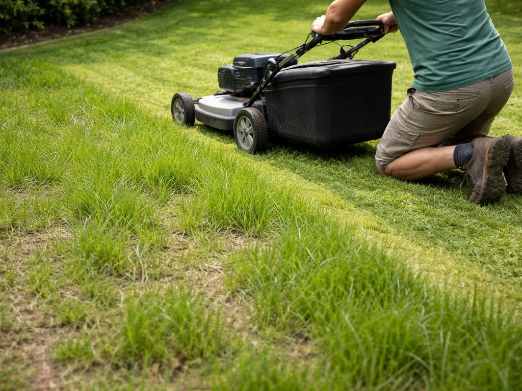 Tuinman maait hersteld gazon met mulchingmaaier terwijl het gras eerst hoog genoeg is