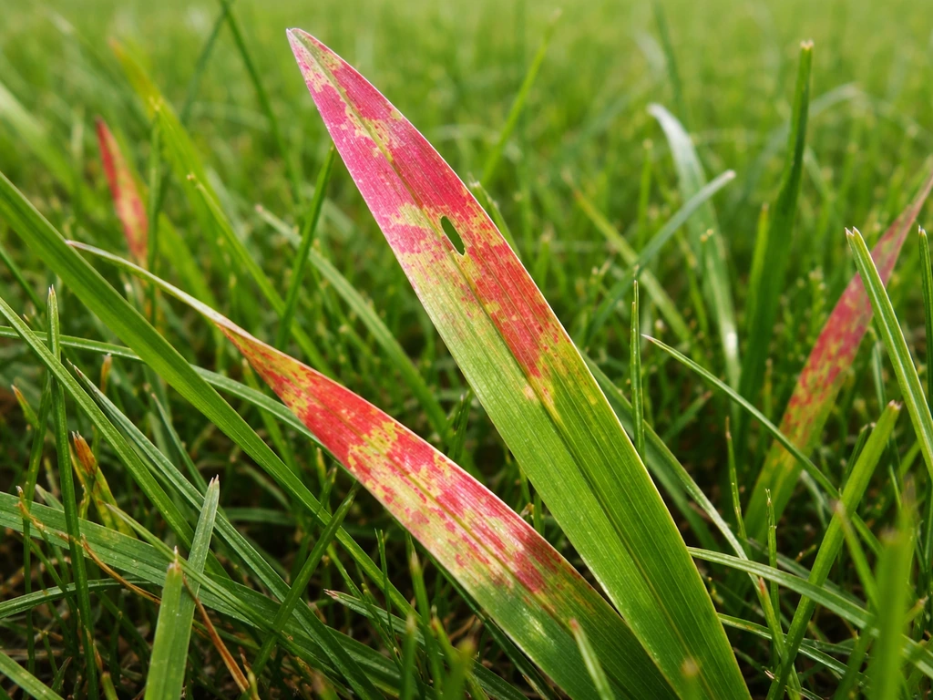 Close-up van gras met rode bladverkleuring in vlekken en gedeeltelijk uniform verkleurde zones.