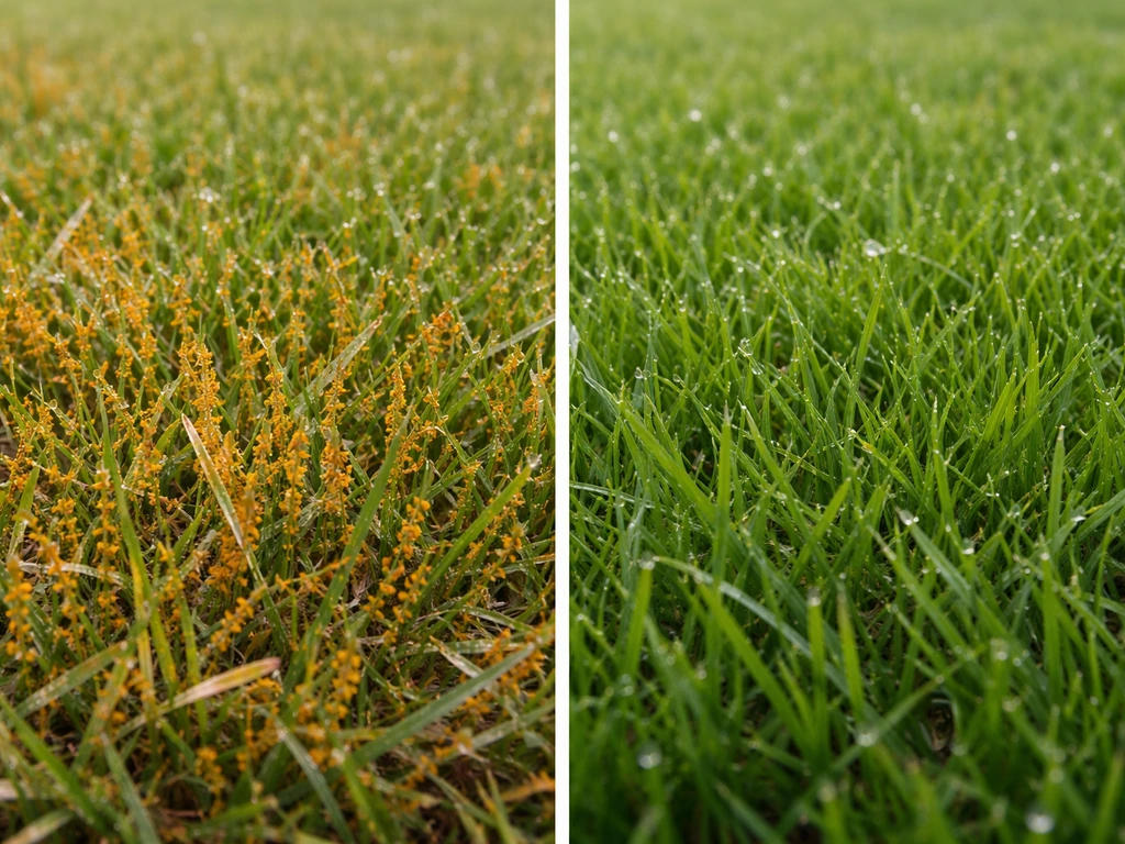 Links oranjerode roestschimmelplekjes op gras, rechts gezond groen gras, naast elkaar in één beeld.