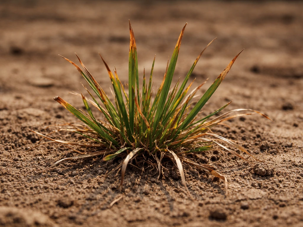Van dichtbij graspol met roodbruine bladpunten als teken van droogtestress in een droge, kale tuin