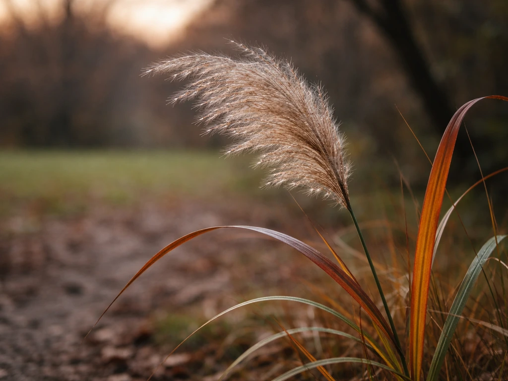 Close-up van siergras met roodbruine herfstbladeren tegen een rustige achtergrond.