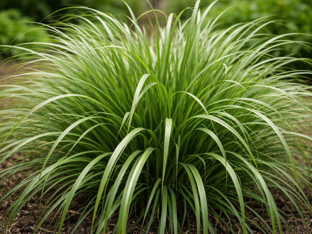 Close-up van langwerpige, smalle grasbladeren in een dichte pol in een tuin bij daglicht.
