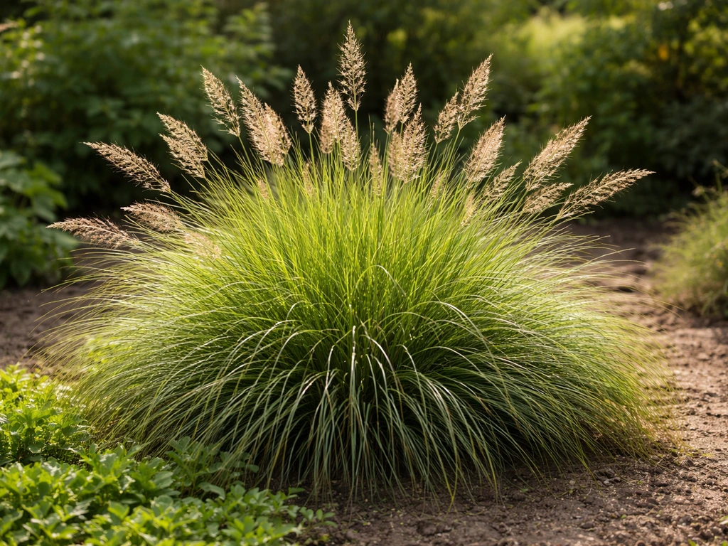 Dichte graspol met pluimachtige aren in late zomer/herfst in een rustige tuin
