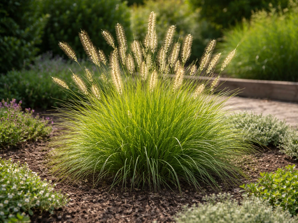 Siergraspol in volle zon met omliggende beplanting in een Nederlandse tuin, heldere dagverlichting