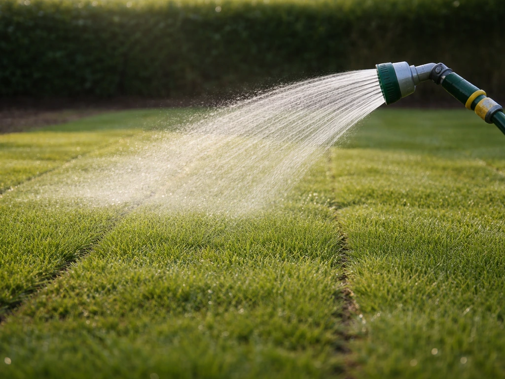 Gelijkmatige watergift over vers aangelegd gras met tuinslang en sproeikop, zonder plassen in de tuin.