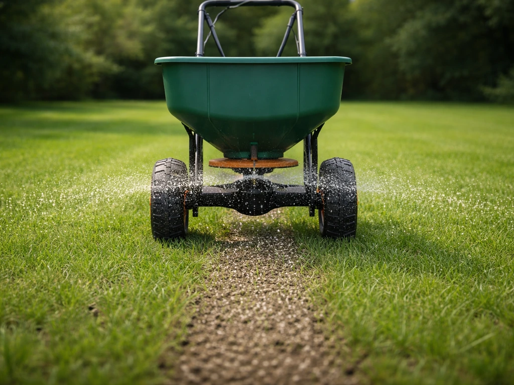 Vers gras met gelijkmatig uitgestrooide mest door een bemestingsspreider op een gazon