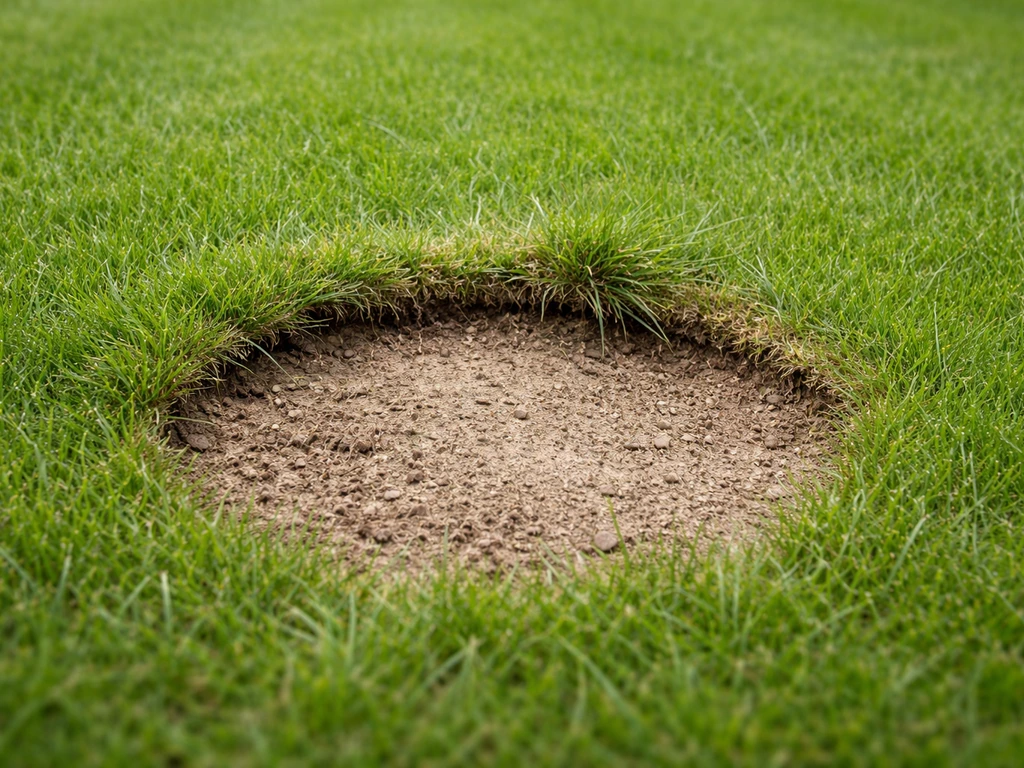 Ronde kale plek in het gazon met losliggende grasrand en zicht op bodemgrond in een tuin
