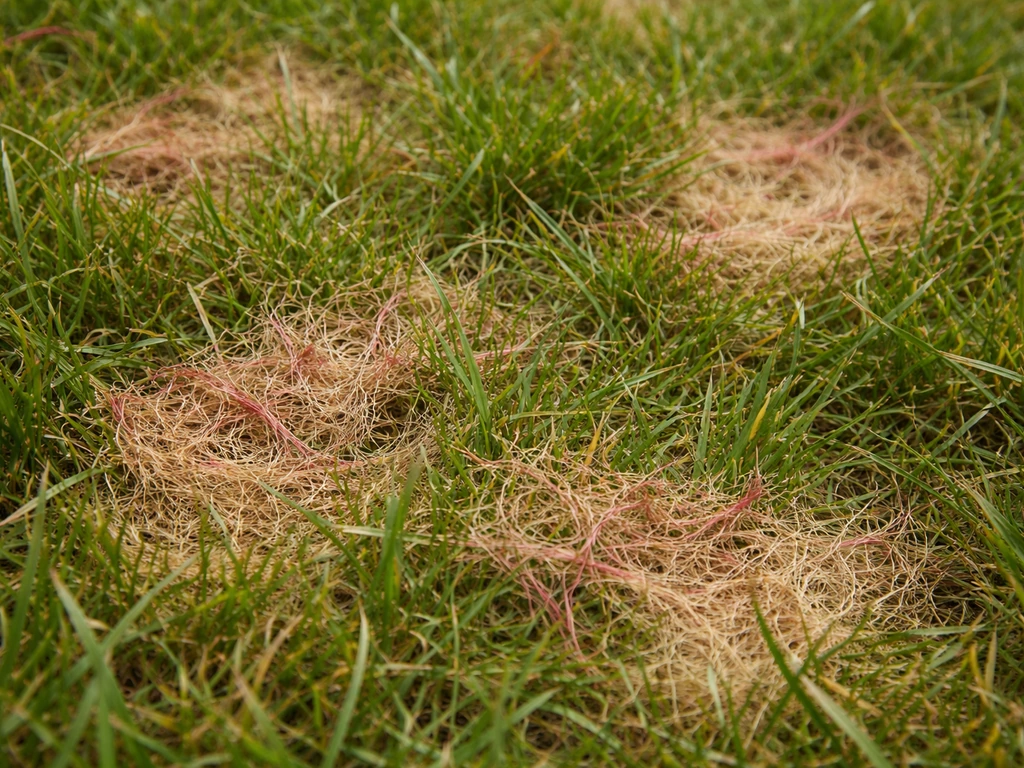 Close-up van gazon met stroachtige, gelige en licht roodachtige plekken die op rooddraad-schimmel duiden.
