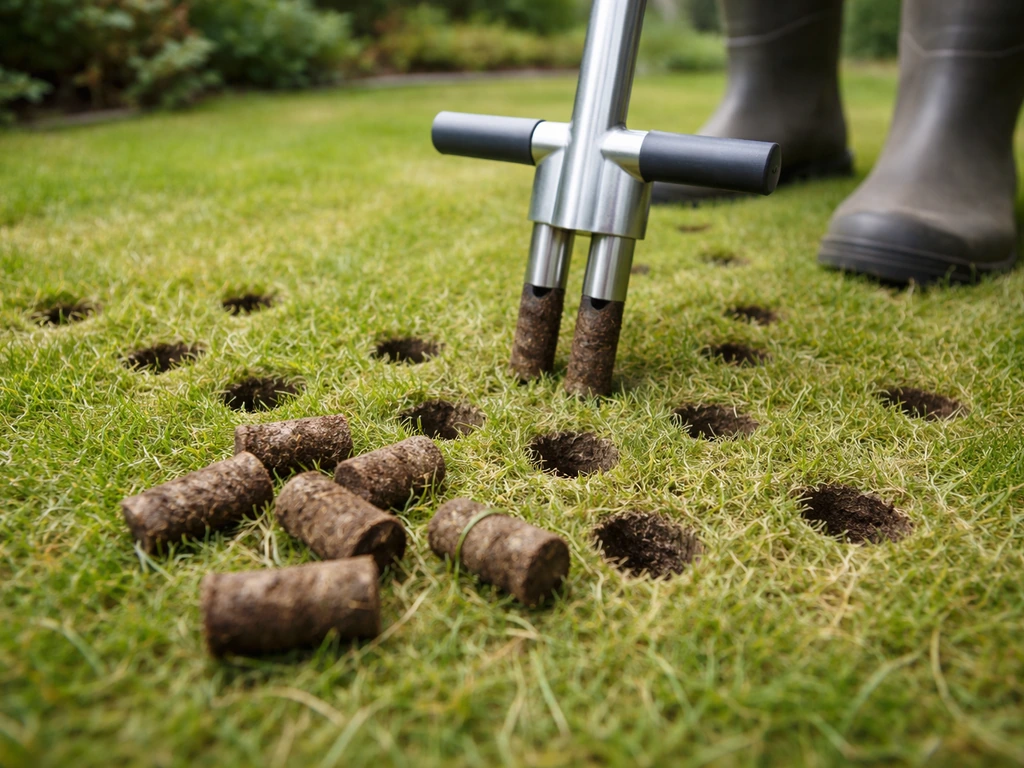 Tuiniergazon met grondboor die pluggen uitsnijdt tijdens doorluchten, met open holtes en zichtbare grondkernen.