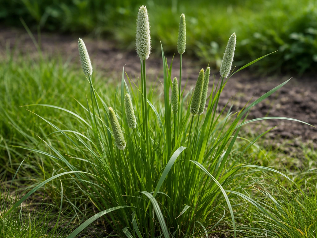 Timotheegras (Phleum pratense) in de tuin: losse pollen, smalle bladeren en zachte bloeiaar bij daglicht.