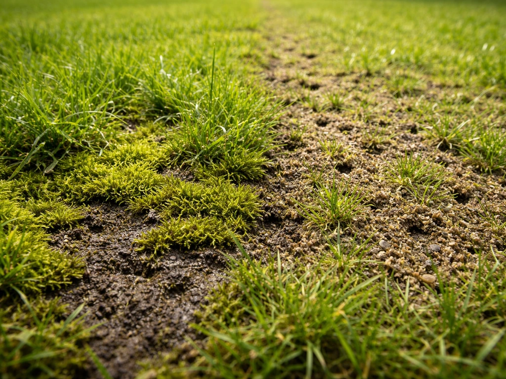 Mos tussen graspollen en daarnaast belucht, lichter grondbeeld als contrast in een kale tuinrand.
