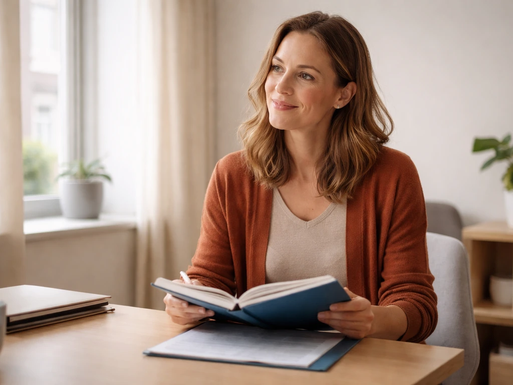Anonieme hulpverlener in Utrecht-buitenwijk met map en open gespreksboek, minimalistische setting rond welzijn