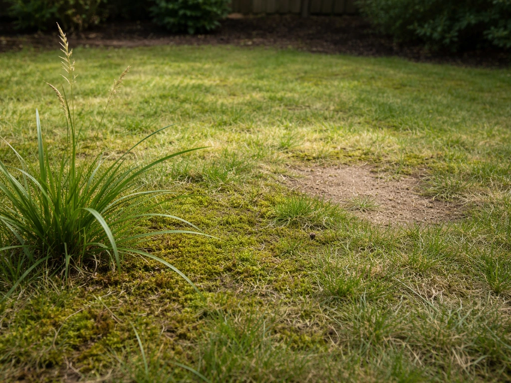 Klein tuinperk met zichtbaar mos en beschadigde graspol bij een plantsoort, close-up bij daglicht