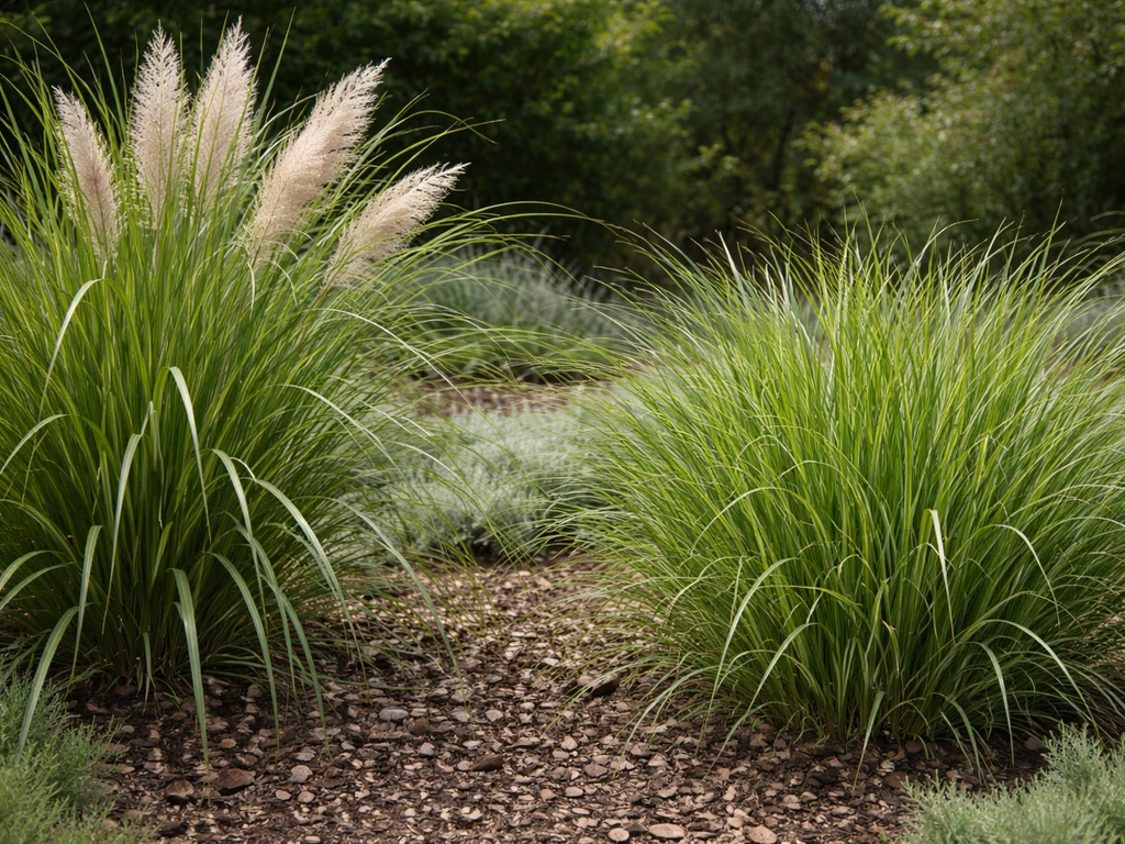 Close-up van siergrassen in een tuin: pampasgras met pluimen en miscanthus met polvormige bladeren.