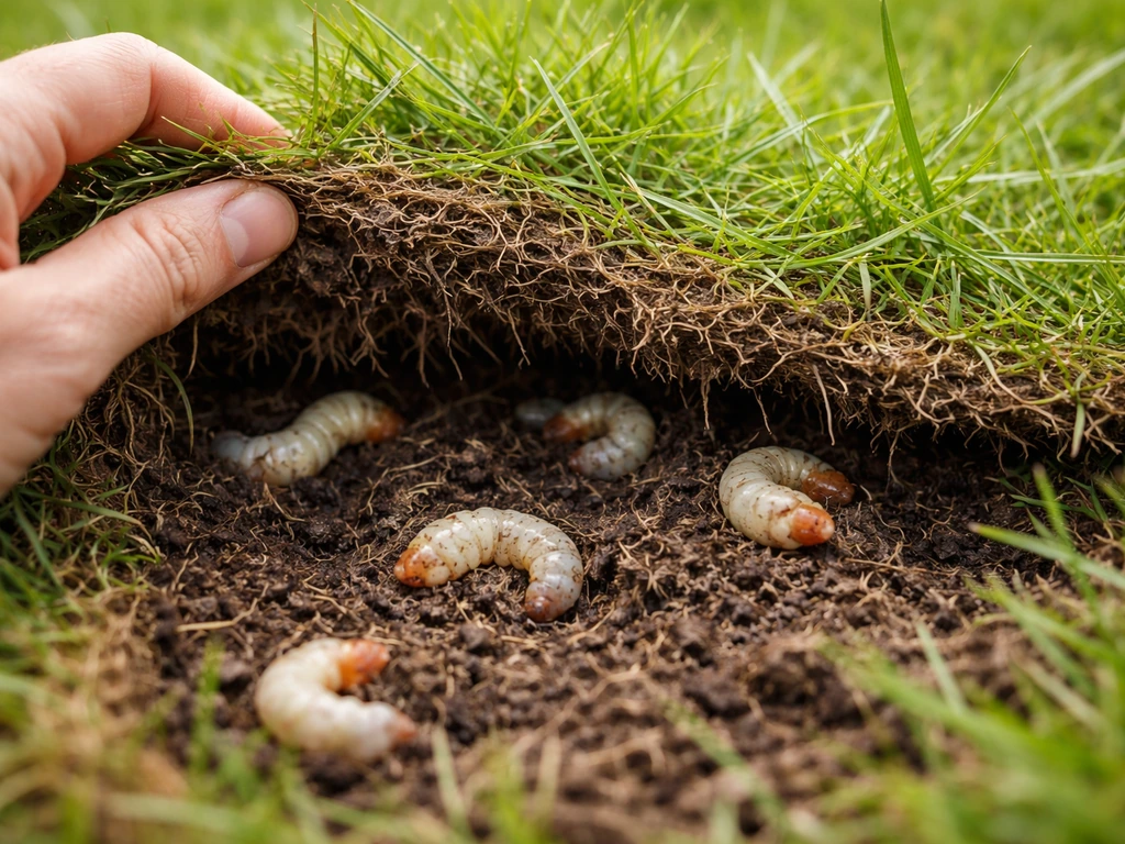Opgetilde graszode met zichtbare witte gekromde larven en losse graswortels in de bodem