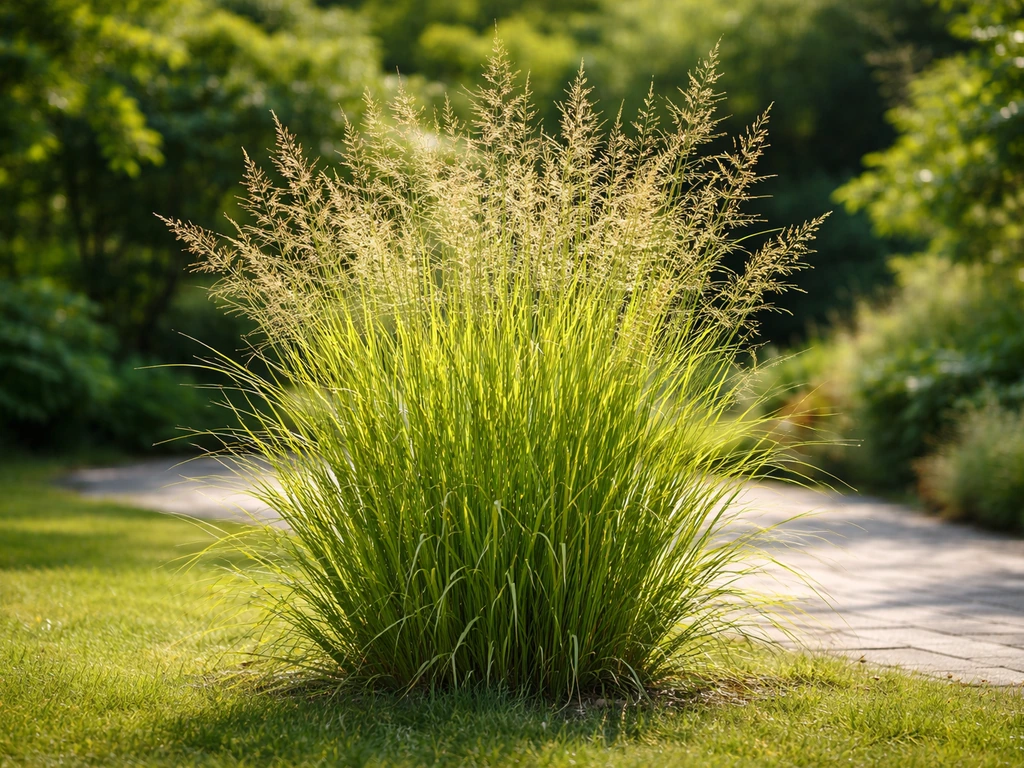 Gezonde Panicum gras pol in een zonnige Nederlandse tuin, rechtopstaande halmen met luchtige pluimen.
