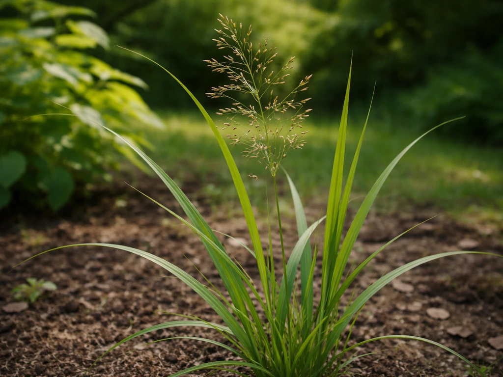 Close-up van Panicum gras met zichtbare bladnerven en een pluimachtige bloeiwijze in de tuin