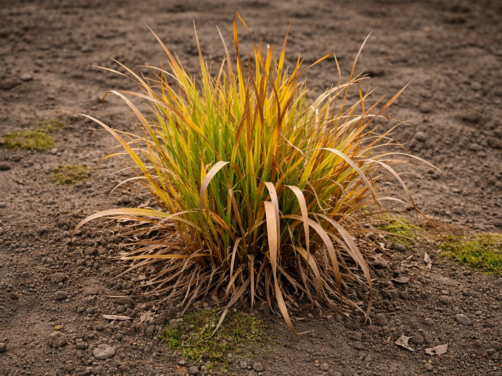 Close-up van een graspol Panicum met geel/bruin blad en verdorde sprieten in kale tuingrond.