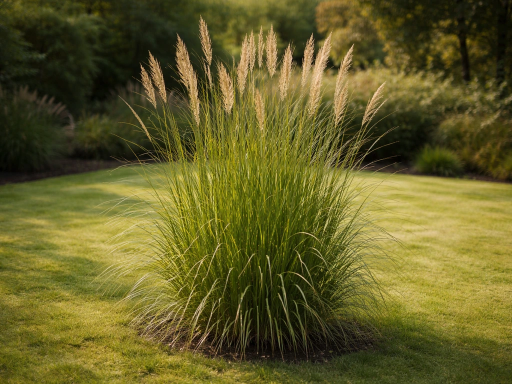 Een pol Miscanthus ("japans gras") in een Nederlandse tuin, rechtopstaande sprieten en lichte pluimen.