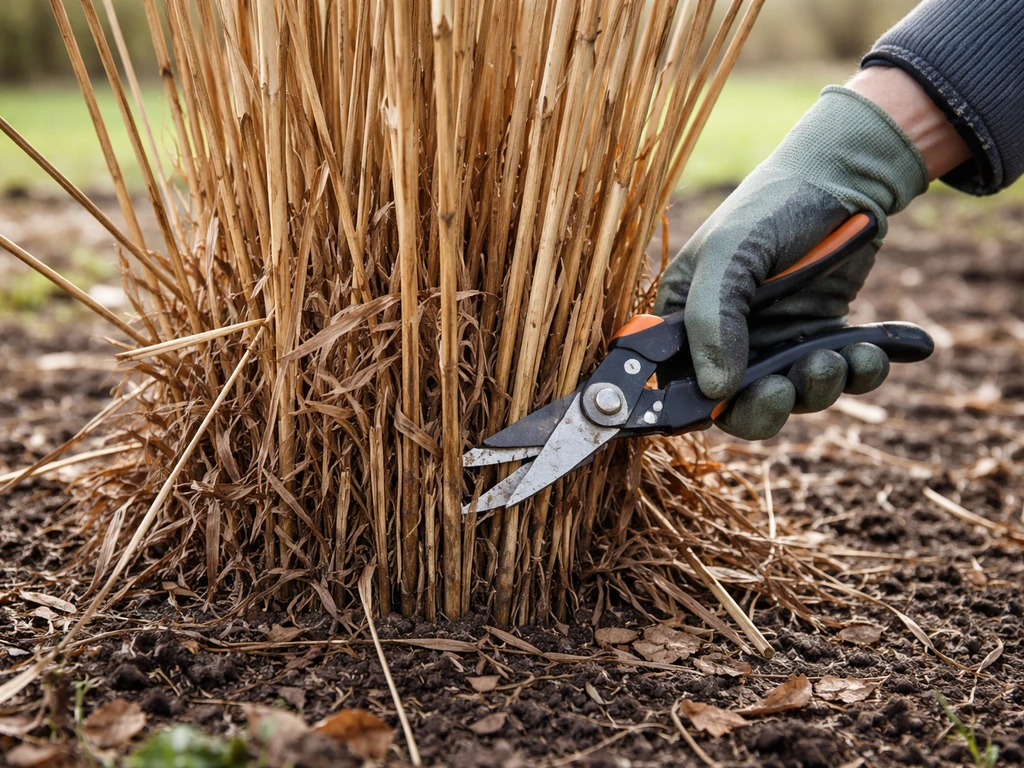Handen met snoeigereedschap die afgestorven halmen van een Miscanthus-pol afsteken in het vroege voorjaar.