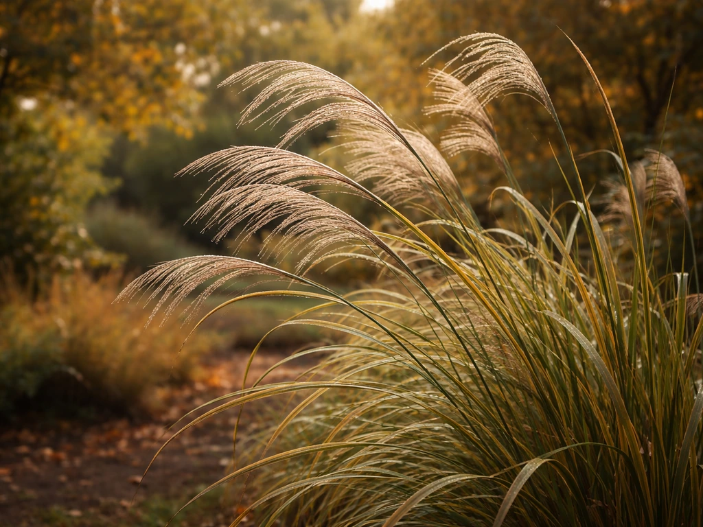 Miscanthus met pluimen in warme herfstsfeer, close-up in een tuin (dauw op halmen).