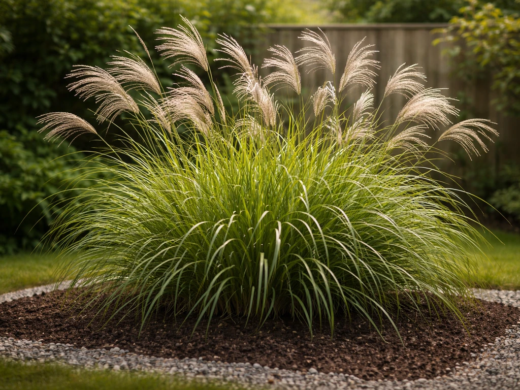 Miscanthus sinensis met pluimen in een rustige Nederlandse tuin, scherp op de bladeren en aren.