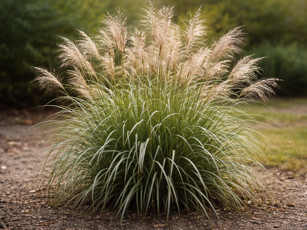 Close-up van Miscanthus sinensis met zichtbare bladeren en pluimvormige aren in een rustige tuinsetting.