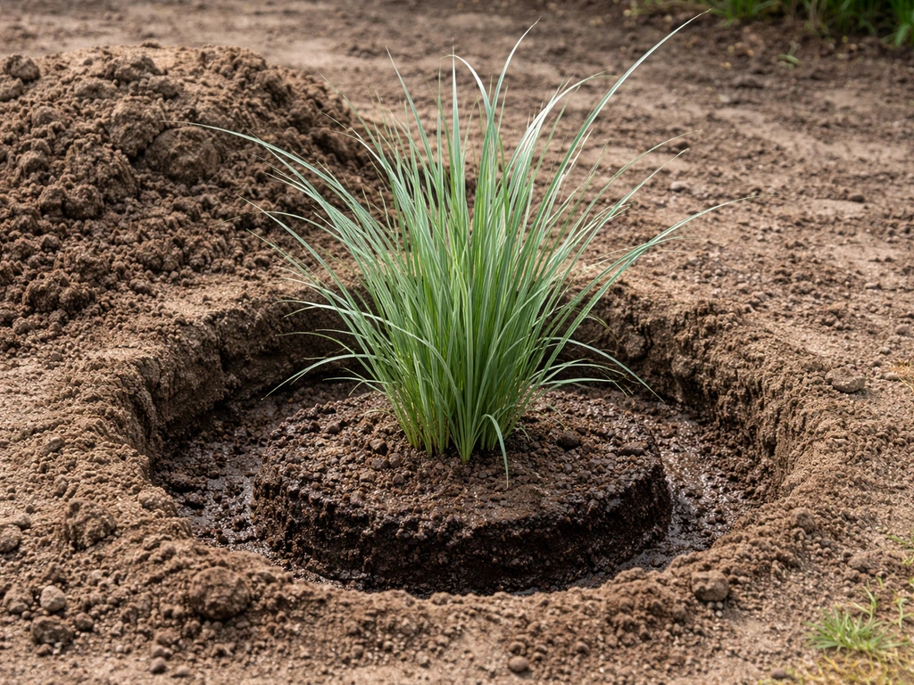 Close-up van een Miscanthus in een plantkuil met kluit gelijk met de grond en een kleine watergeefplek.