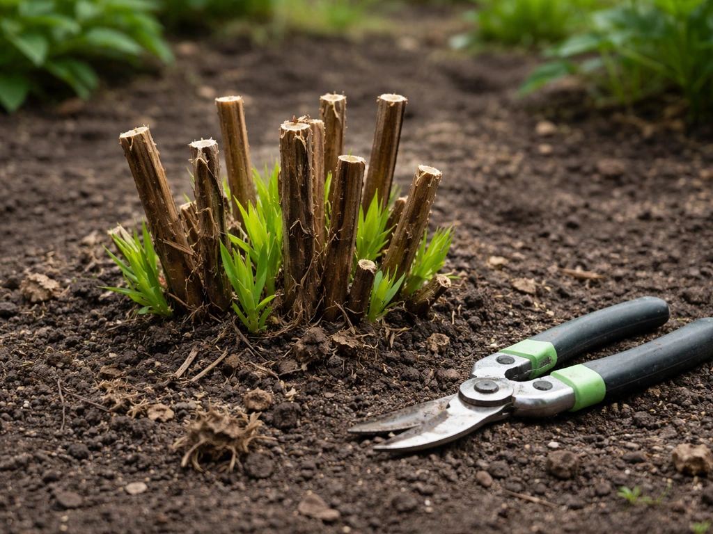 Teruggeknipte plantpol in vroege lente met jonge uitlopers direct vanuit de basis