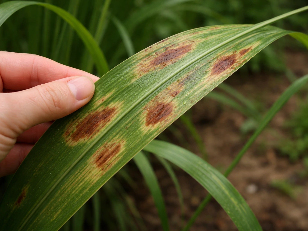 Close-up van miscanthusblad met bruine vlekken, met een hand die de plant inspecteert in zacht daglicht.
