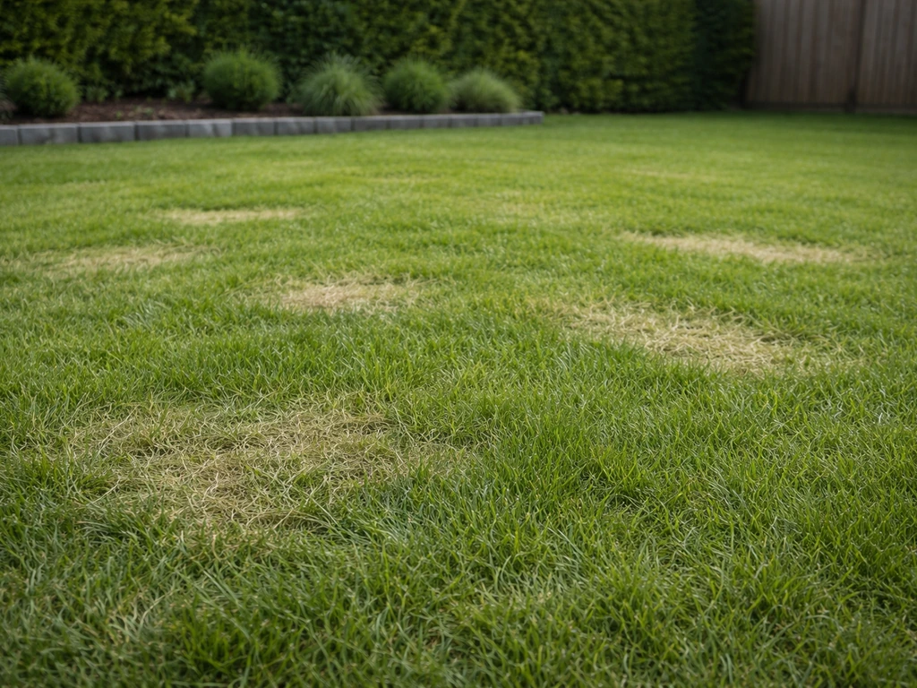 Nederlands gazon met duidelijk zichtbare plekken hard en stroef gras (hard gras 163) in een rustige tuin.
