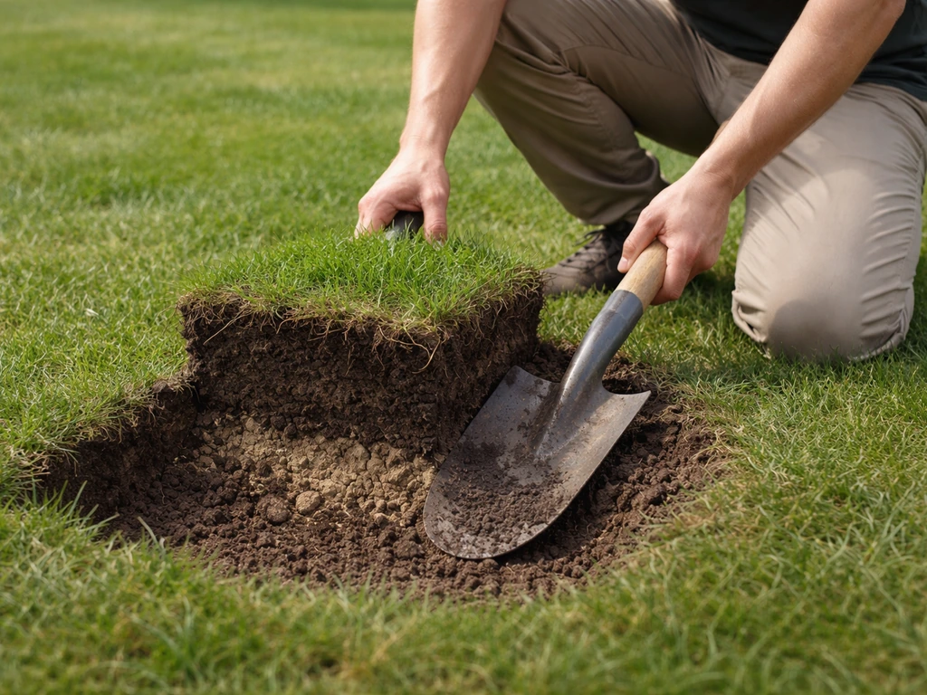 Tuinman onderzoekt verdichte grond met spade, bodemlagen en graszode zichtbaar in de Nederlandse tuin