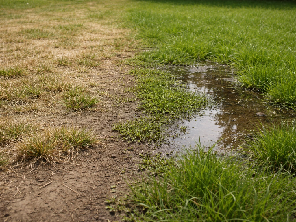 Twee plekken in een tuin: droge schrale hoek met stug gras en een nattere plek waar water langer blijft staan