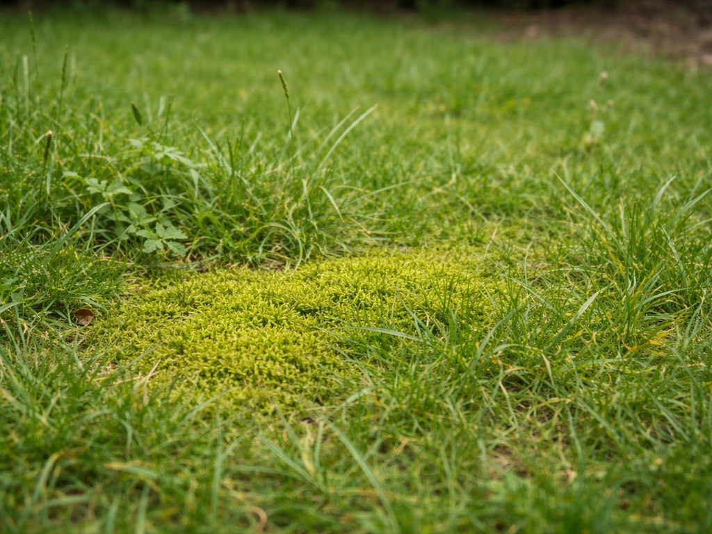 Close-up van mos tussen het gazon met taaie afwijkende grassprieten/onkruid ernaast.