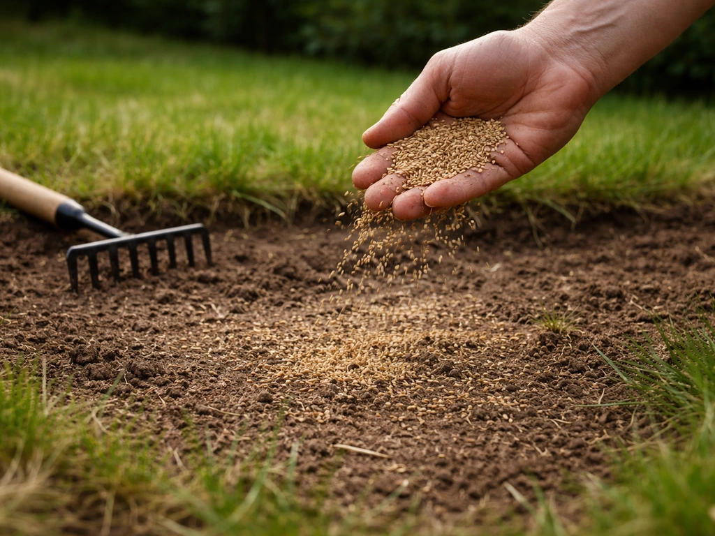 Hand strooit graszaad op een kale plek in het gazon, met aarde en kleine hark op de achtergrond.