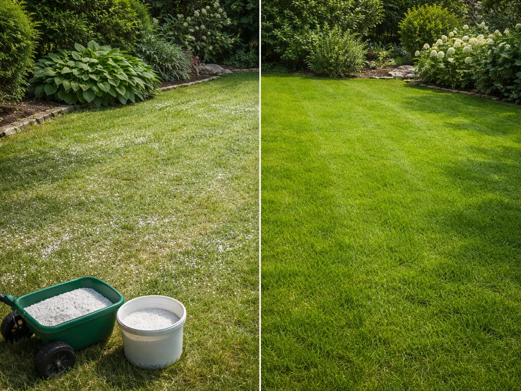 Bestaande grasmat in een hoek van de tuin: kalk zichtbaar op gras links, fris groen rechts.