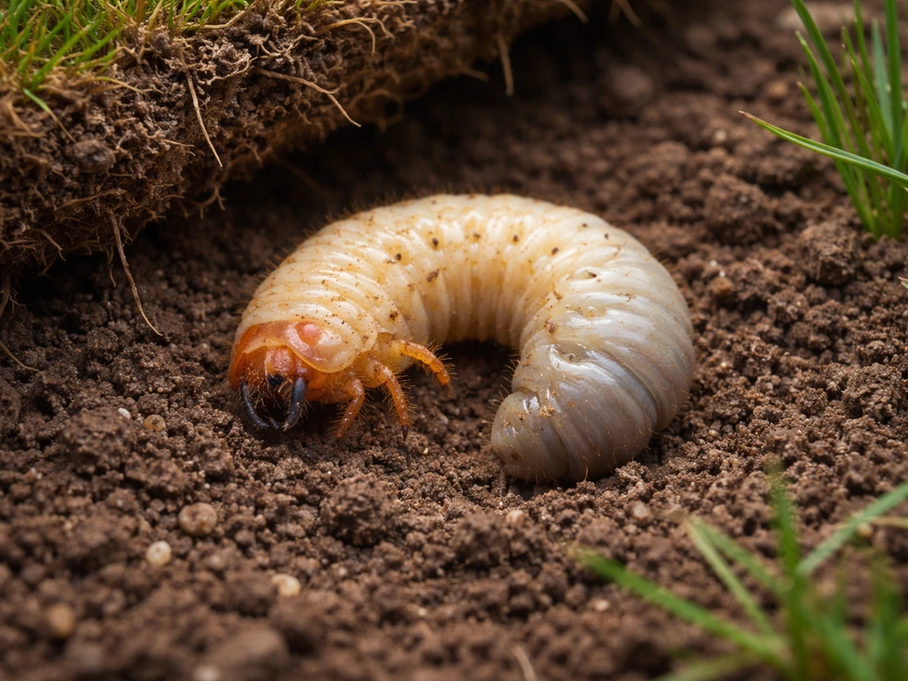 Crèmekleurige engerling zichtbaar in de bodem onder een opgetilde grasmat, close-up en scherp.