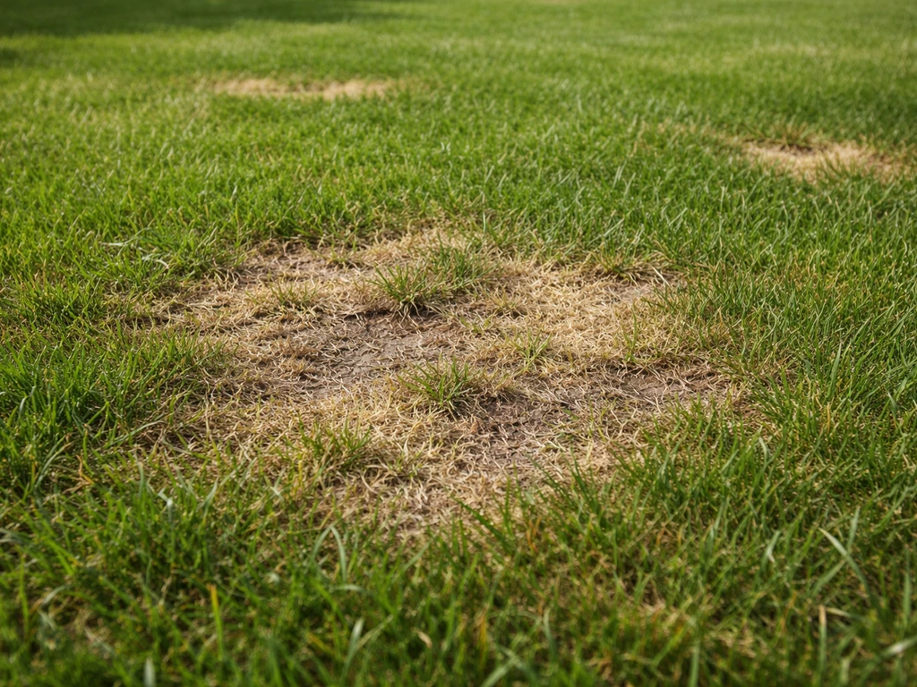 Geelbruine onregelmatige plekken in een gazon, alsof het droog is, met verdord gras dat op engerlingen-schade wijst.
