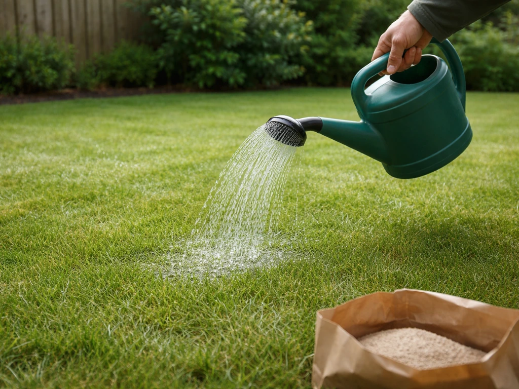 Tuinier giet ’s avonds vochtig gemaaid gras met een gieter terwijl nematoden worden uitgezet