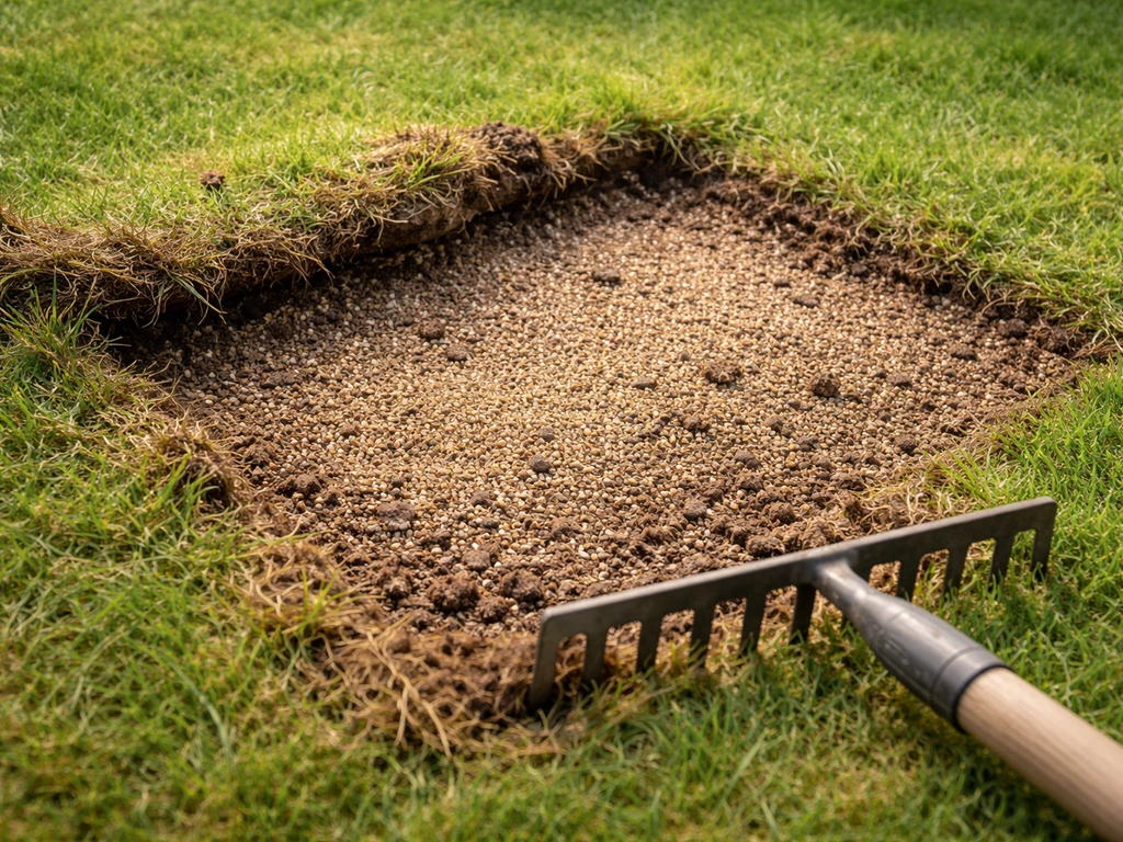 Aangestoken stuk gras met losse zodenrand en ingestrooide toplaag klaar om weer dicht te groeien.